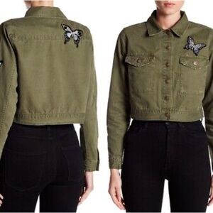 ⭐️ NWT Philosophy Olive Army Green Embroidered Butterfly Cropped Patch Jacket XS